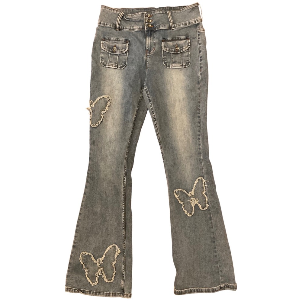 Hot Topic Butterfly Flare Jeans High Waist Distressed Blue Denim Y2K Size 13